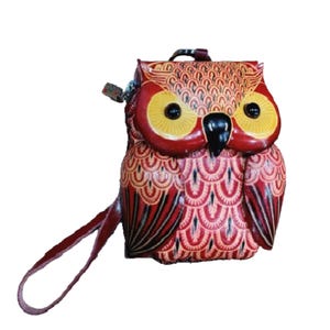 RED OWL, Bolsa de couro legítimo, Design 3D original, Porta-moedas, Alça de pulso removível, Presente especial