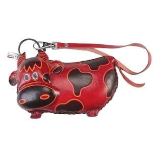 Monedero de piel auténtica RED COW, monedero verde, correa de muñeca extraíble azul, cierre de cremallera, regalo especial.