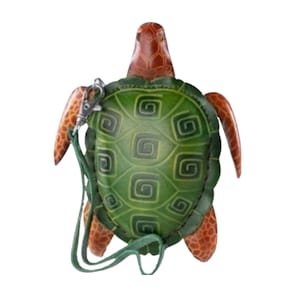 Porte-monnaie TORTUE en cuir véritable VERT, Design original en forme d'animal, Fermeture à glissière, Dragonne amovible, Support pour boucles d'oreilles, Cadeau spécial