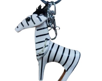 Cute ZEBRA, Original Design Black Horse Keyring, Genuine Leather Key Loop, Special Gift