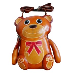 Bolso bandolera de piel auténtica con diseño de OSO MARRÓN, soporte para teléfono de diseño original, cierre de cremallera, regalo especial