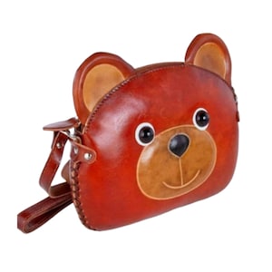 Bolso de piel auténtica marrón con diseño original de osito de peluche, cierre de cremallera, asa larga ajustable, soporte para teléfono tipo bandolera, regalo especial