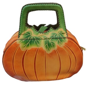 Halloween ORANGE aus echtem Leder Original Design PUMPKIN Tasche, langer Griff, Reißverschluss spezielles Geschenk