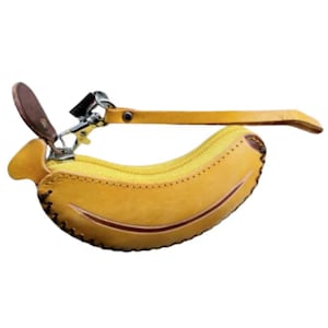 PLÁTANO AMARILLO, Monedero rojo de piel auténtica, Diseño original en forma de pera, Cierre de cremallera en forma de sandía, Correa de muñeca extraíble en color NARANJA, Regalo especial