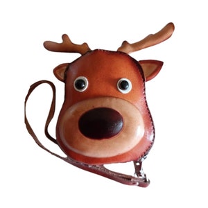 BROWN DEER Head Genuine Leather, Purse,  RED Original Design Coin Holder, Special Gift