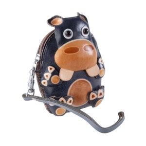 Monedero GREY HIPPO, Monedero de piel auténtica AZUL OSCURO, Diseño original, Correa de muñeca extraíble, Cierre de cremallera, Regalo especial