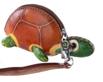 GREEN TURTLE Geldbörse aus echtem Leder, Münzhalter in Tierform, Reißverschluss, abnehmbarer Handgelenkriemen, besonderes Geschenk