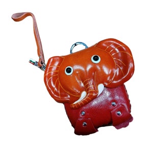 Monedero de piel auténtica con diseño de elefante rojo, monedero de diseño original en marrón, bolsa gris, correa de muñeca extraíble y cierre de cremallera.
