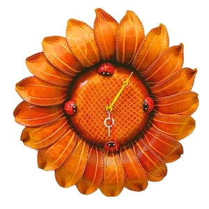 SUNFLOWER CLOCK, Brown Colour, Wall Decor, Original Design, Genuine  Leather, Special Gift