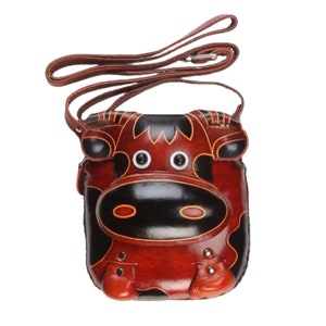 Bolso bandolera con forma de vaca, piel auténtica, diseño original de animal, cierre de cremallera, asa larga, regalo especial.