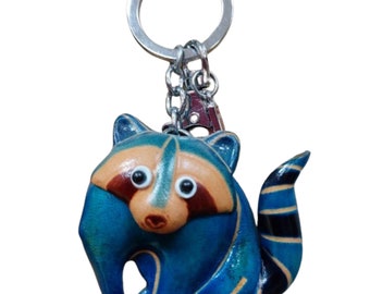 BLUE RACOON, Genuine Leather, Original Design, RED Colour Keyring, Brown Animal Shape Keychain, Special Gift