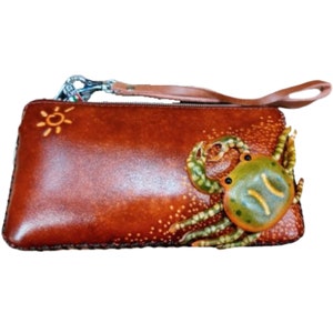 Monedero CRAB MARRÓN, Diseño Original, Piel Genuina, Monedero VERDE, Monedero con Cremallera, Regalo Especial