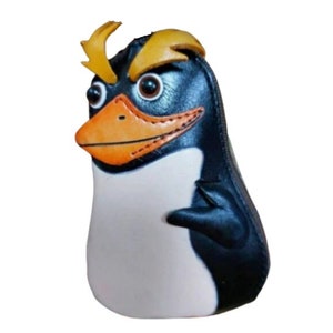 Bolsa PENQUIN de couro genuíno PRETO, porta-moedas AZUL, alça de pulso removível, design original em formato de animal, presente especial