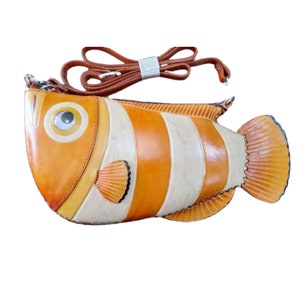 Bolso bandolera ORANGE FISH, diseño original de dos tipos de piel auténtica, asa larga ajustable CRAB, cierre de cremallera, regalo especial.