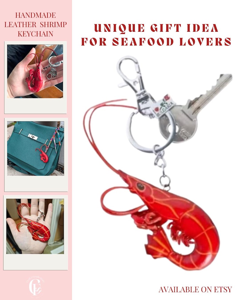 Red Shrimp Leather Keychain – Sea Creature Key Holder, Ocean Gift image 4