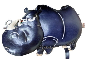 Dark BLUE RHINO Purse, Genuine Leather, Animal Shape, Zipper Closure, Removable Wristlet Strap, Coin Holder, Special Gift