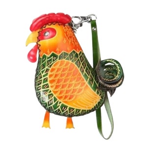 ROOSTER Purse, Cute Chicken Genuine Leather Pouch, Removable Wristlet Strap, Zipper Closure,Special Gift