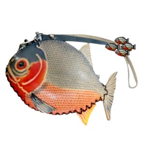 GRAU PIRANHA Echtleder, Blau SWORD Fisch Geldbörse, Original Design Münzhalter, Fisch Form Beutel, abnehmbarer Armband, besonderes Geschenk