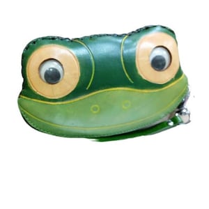 Monedero de piel auténtica GREEN FROG, monedero color lima, correa de muñeca extraíble y llavero con cierre de cremallera.
