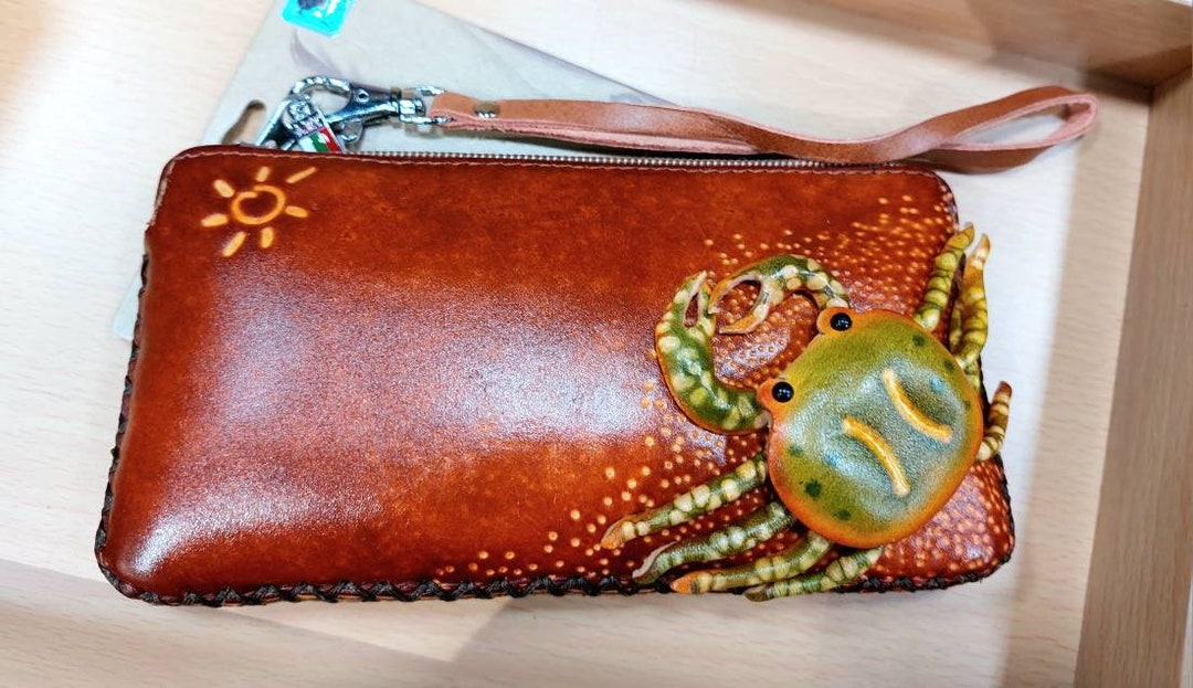 BROWN CRAB Purse, Original Design, Genuine Leather, GREEN Coin Holder, Wristlet With Zip Purse