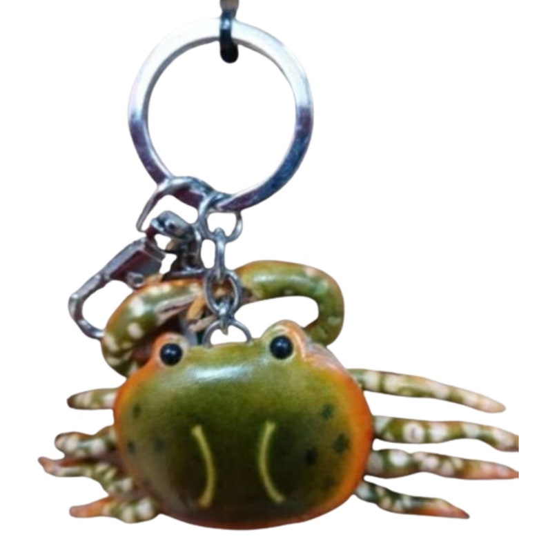 May include: A green and orange crab keychain with a silver key ring. The crab has a detailed design with realistic features.