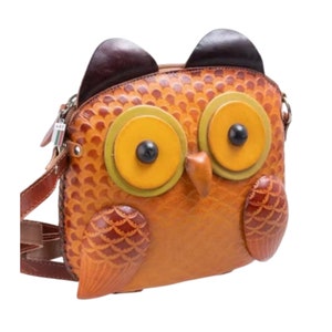 Bolsa transversal BROWN OWL, suporte para telefone em couro legítimo em formato de pássaro, design original, presente especial
