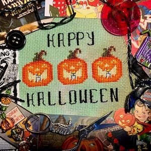 Happy Halloween Pumpkins Vintage Cross Stitch Pattern - Spooky Cross Stitch Pattern - Halloween Cross Stitch Downloadable PDF - Goth Stitch