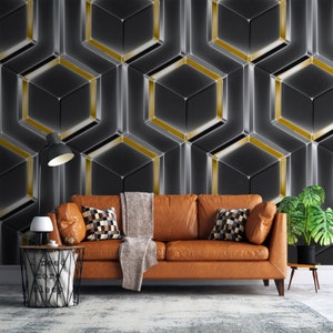 3D Black and Gold Geometric Wallpaper, Removable Wall Mural, Self Adhesive Peel and Stick Wall Art