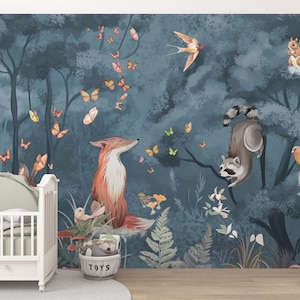Carta da parati per cameretta dei bambini Fox, murale per la cameretta dei bambini, arte murale con animali da staccare e attaccare