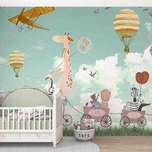 Giraffe Kids Room Wallpaper: Hot Air Balloons, Peel and Stick Wall Mural