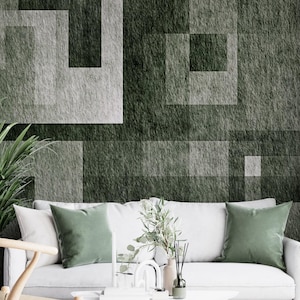 Dark Green Geometric Wallpaper, Abstract Art Wall Mural, Peel and Stick Wall Decor