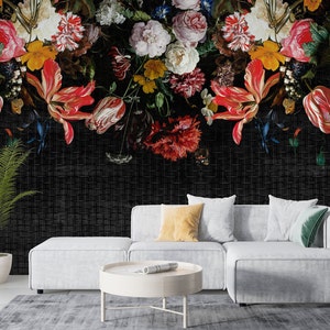 Black Dark Floral Wallpaper, Flower Wallpaper, Peel and Stick, Removable Wallpaper, Living Room Wall Mural