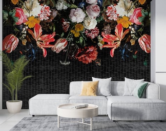 Black Floral Wallpaper: Dark Flower Wall Mural, Peel and Stick