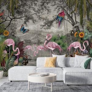 Flamingo Jungle Wallpaper, Tropical Wall Mural, Self Adhesive Peel and Stick Wall Mural