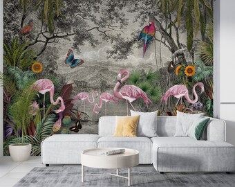 Flamingo Jungle Wallpaper: Tropical Peel and Stick Wall Mural
