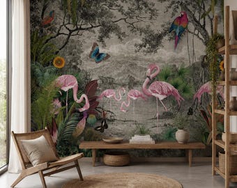 Flamingo-oerwoudbehang: tropische Peel and Stick-muurschildering