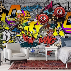 Graffiti on Brick Wallpaper, Removable Peel and Stick Wall Mural, Music Room Wall Art
