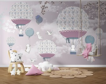 Kids Room Balloons Wallpaper, Animals Peel and Stick Wall Mural, Nursery Wall Art