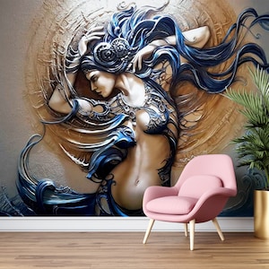 Murals Peel and Stick Artistic Woman Figure, Background Wallpaper, 3D Wallpaper Woman, 3D Art Hair Salon