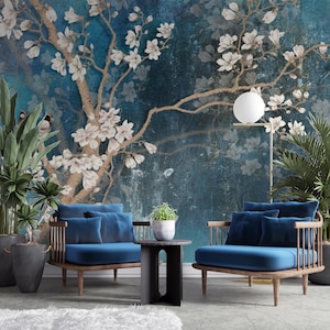 Blue Chinoiserie Wallpaper, Trees Birds Wallpaper, Floral Wallpaper, Removable Wallpaper, Wall Mural