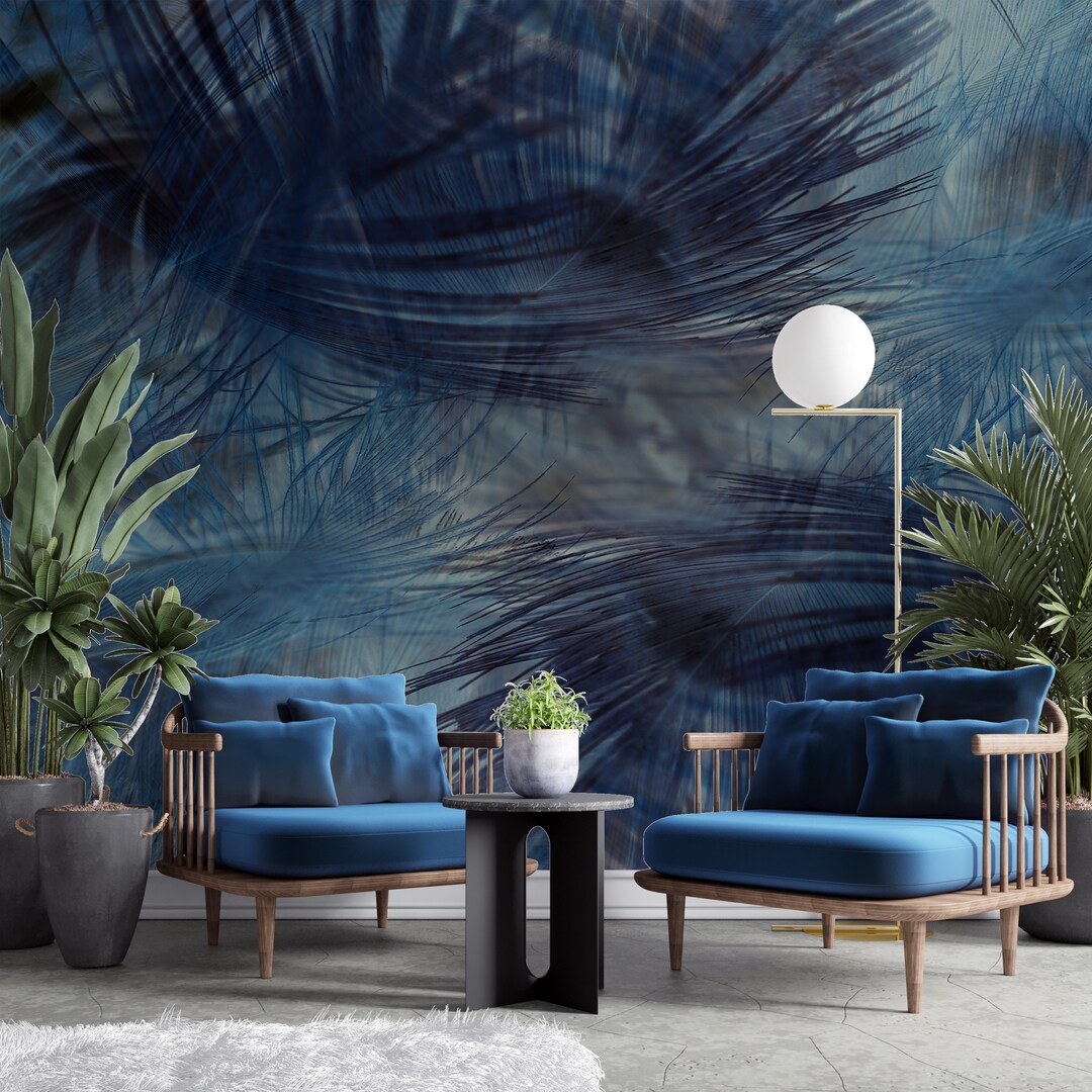 Blue Floral Wallpaper, Fabric Wall Mural, Living Room Wall Decor, Peel ...