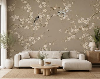 Brown Chinoiserie Wallpaper, Bird Floral Wall Decor