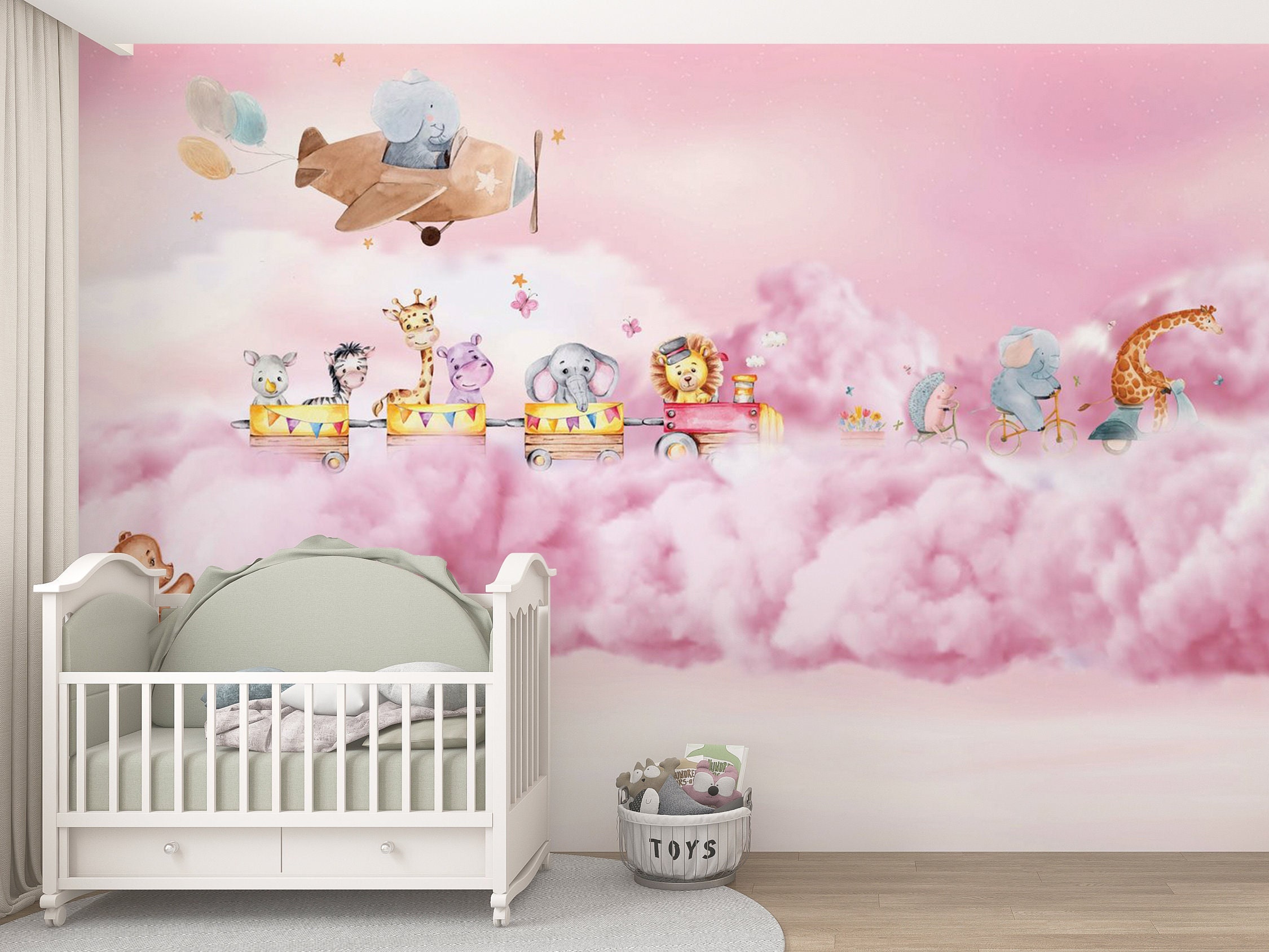 Pink Animals Kids Room Wallpaper, Removable Wall Mural, Peel and Stick ...