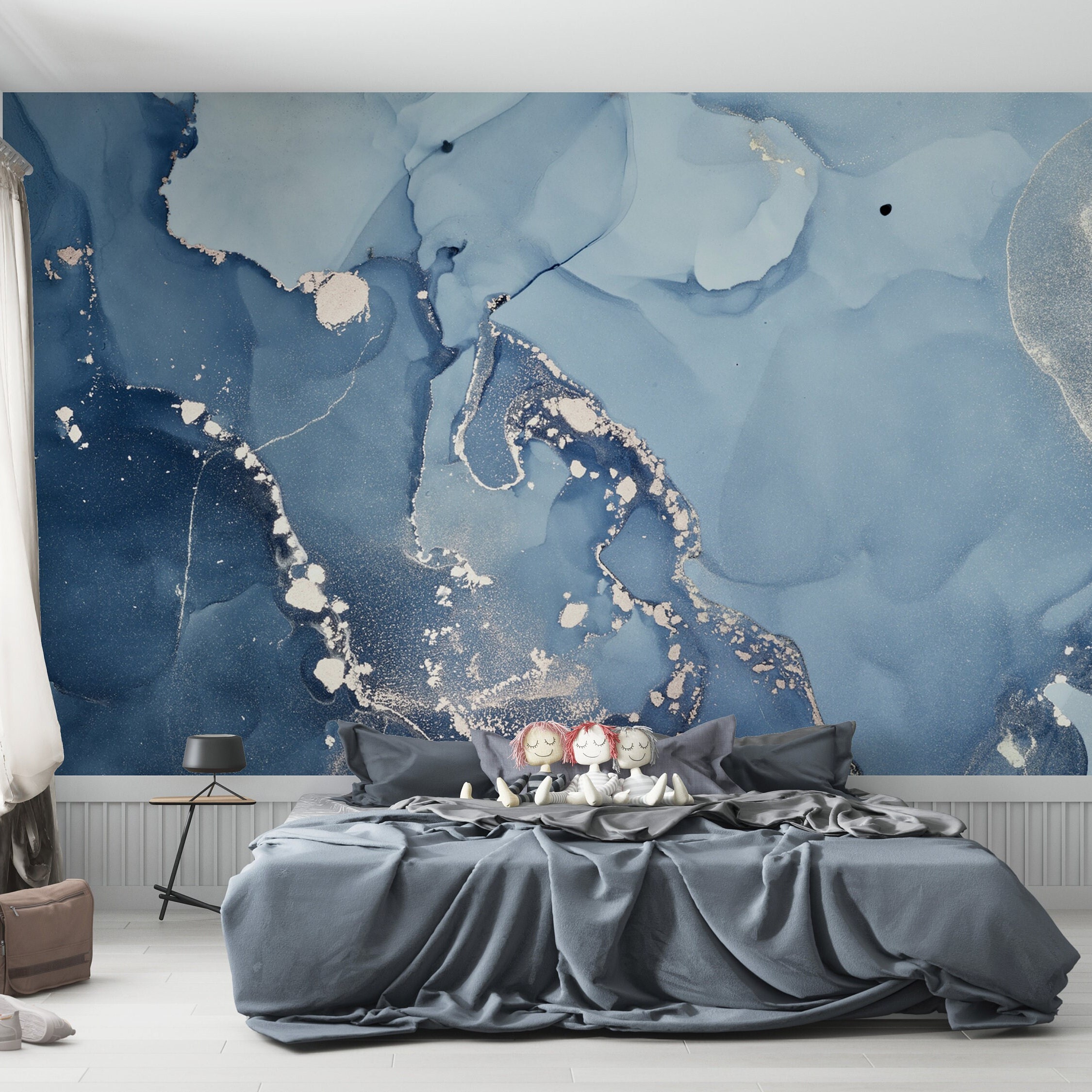 Baby Blue Ink Art Wallpaper Blauwe en Gouden Muurschildering