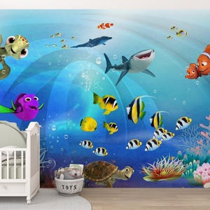 Underwater World Kids Room Wallpaper, Nursery Peel and Stick Wallpaper, Fish Wall Mural