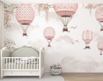 Pink Hot Air Balloon Wallpaper: Kids Nursery Wall Mural, Removable Wall Decor