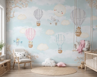 Behang heteluchtballon, muurdecoratie dierenkamer