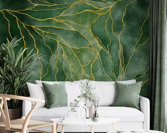 Seamless Watercolor Green Background with Gold Lines Wallpaper, Self Adhesive Peel and Stick Wall Mural