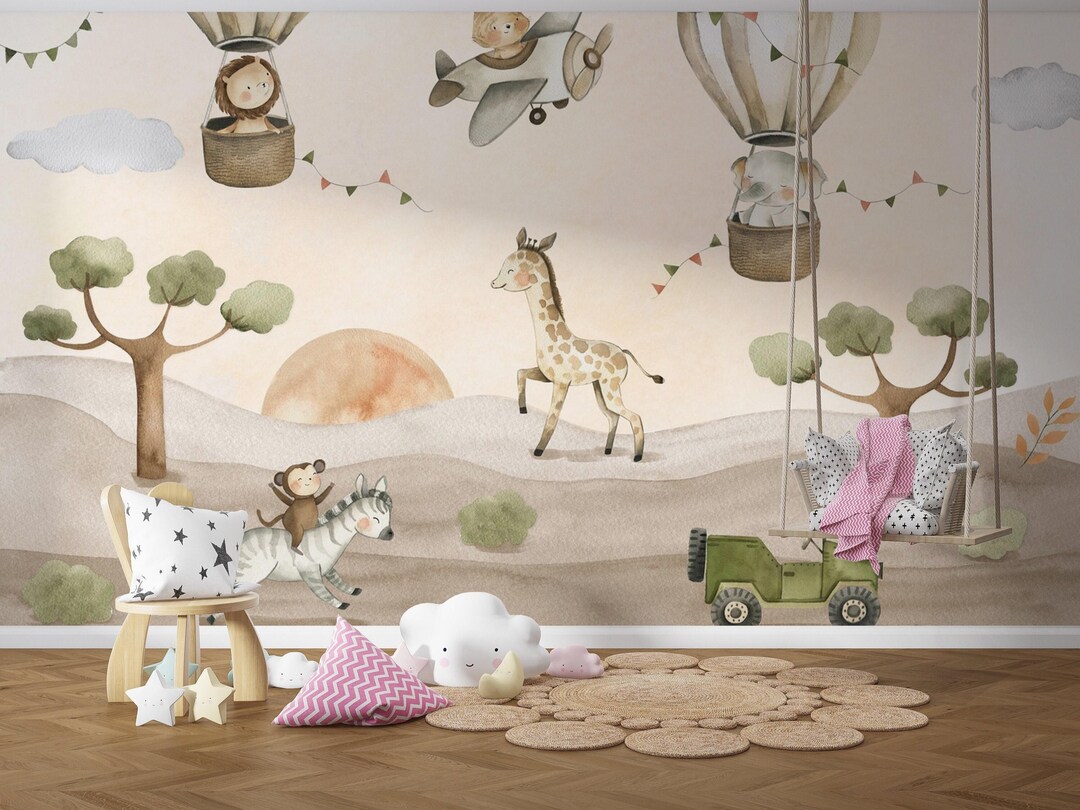 Animals Hot Air Balloons Kids Room Wallpaper, Nursery Wall Mural ...
