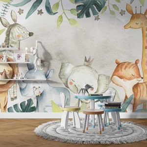 Animal Kids Room Wallpaper, Nursery Peel and Stick Wallpaper, Safari Wall Mural, Temporary Wallpaper